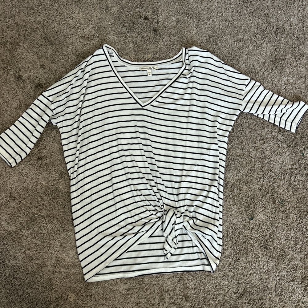 Express Black and White Striped V-Neck Top